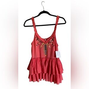 FREE PEOPLE BOHO Coral Embroidered Ruffled Tank Top Size Small NWT